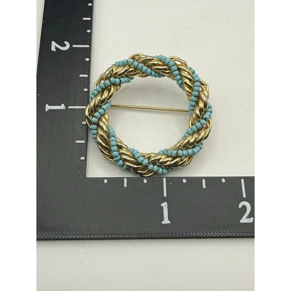 Vintage Wreath Brooch Gold Tone Turquoise Color Accent Beads Braided Twist